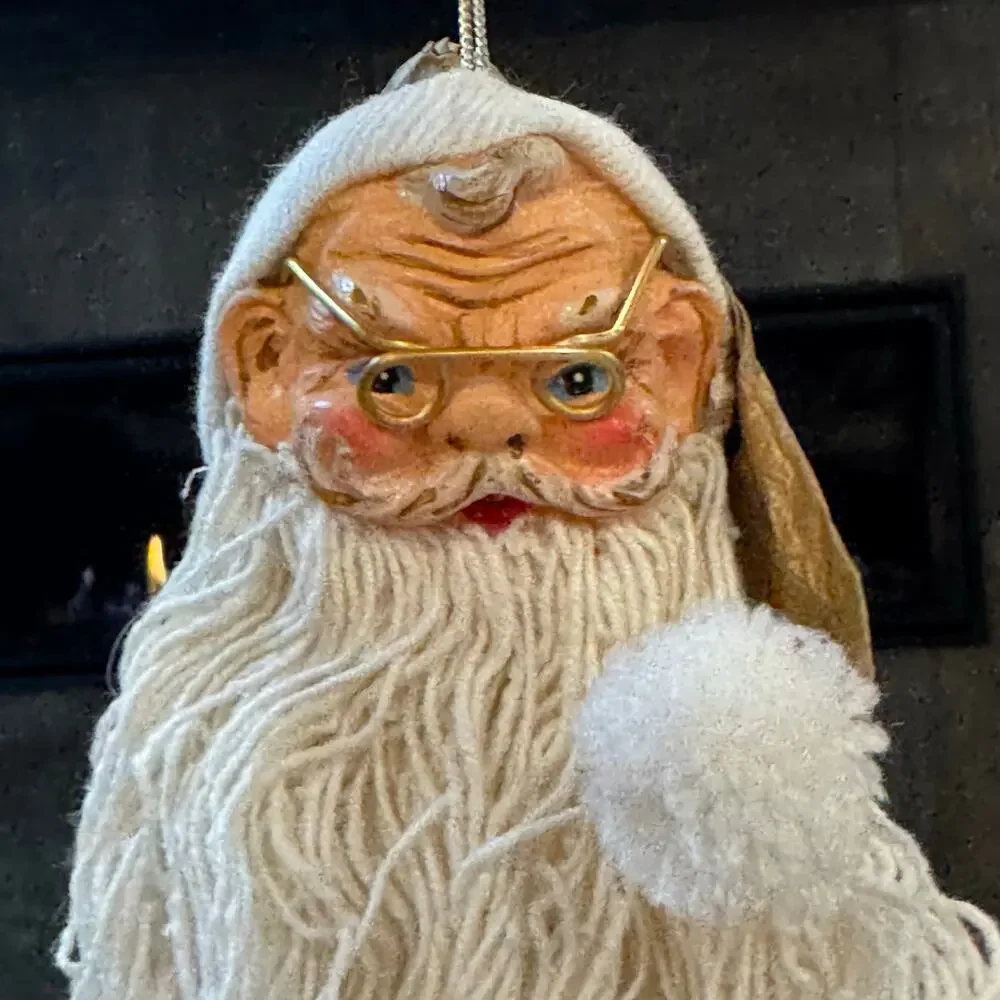 Vintage Santa Claus Head Ornaments Wire Glasses Mop String Beard Set of 3 Retro